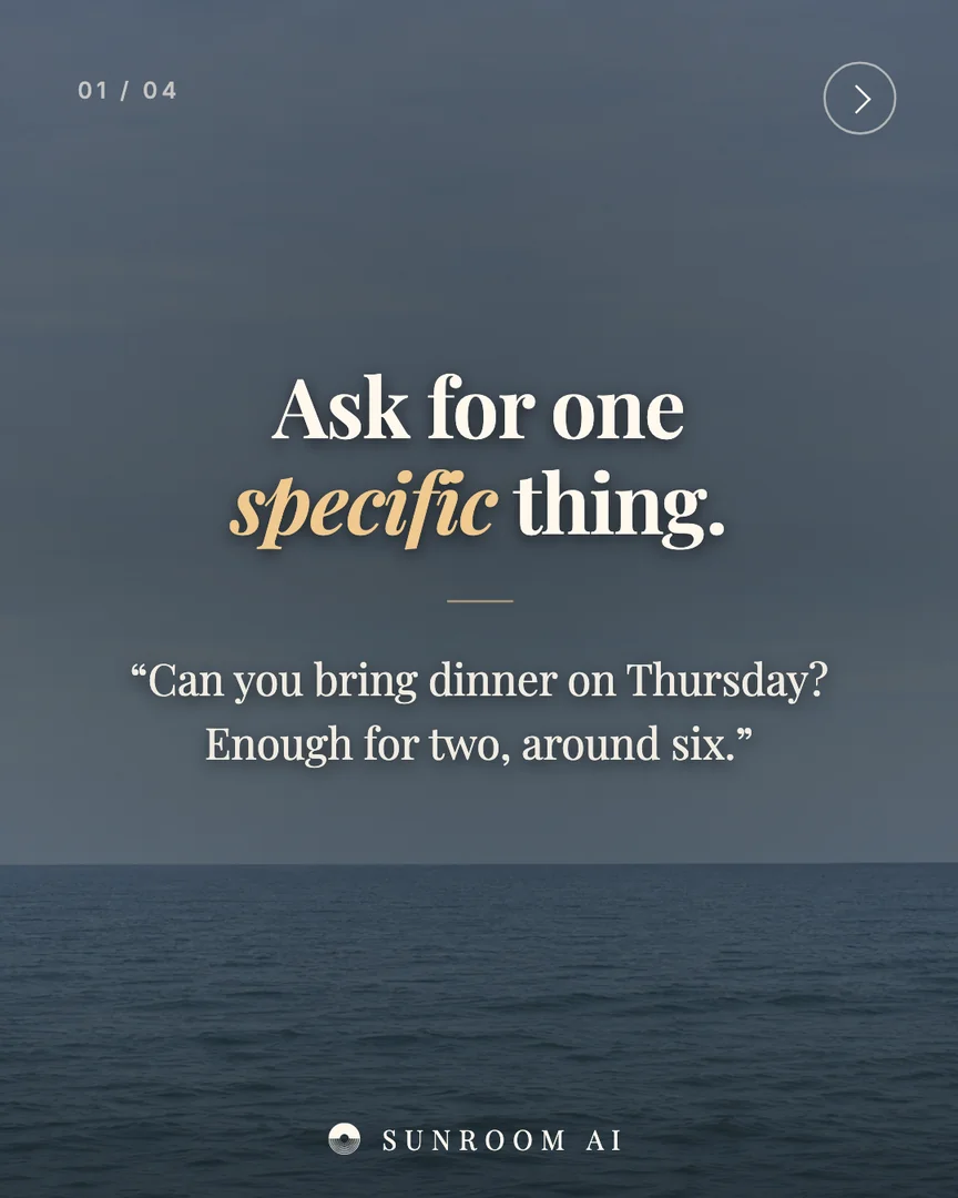01 / 04
Ask for one
specific thing.
“Can you bring dinner on Thursday? Enough for two, around six.”
SUNROOM AI