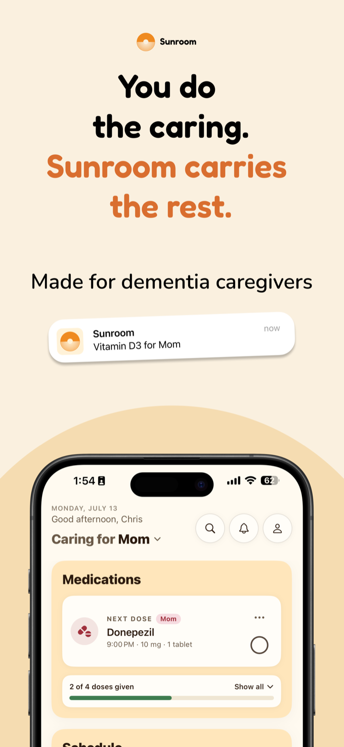 Sunroom home screen with a reminder notification reading Vitamin D3 for Mom
