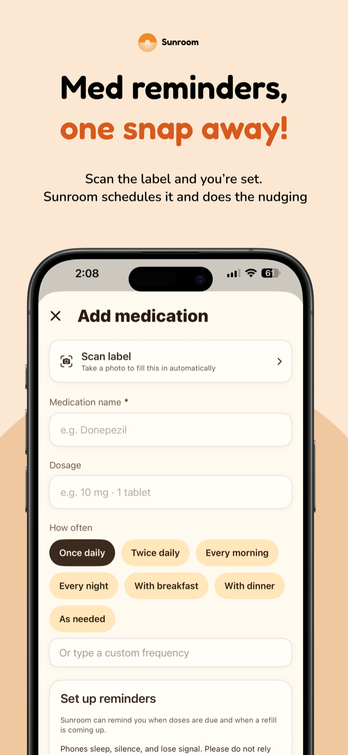 Add medication screen with a Scan label button that fills the form from a photo