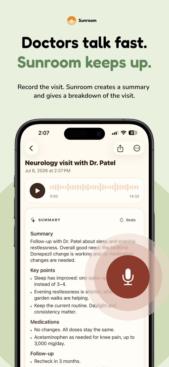 A recorded neurology visit with a plain summary, key points, and follow-up notes
