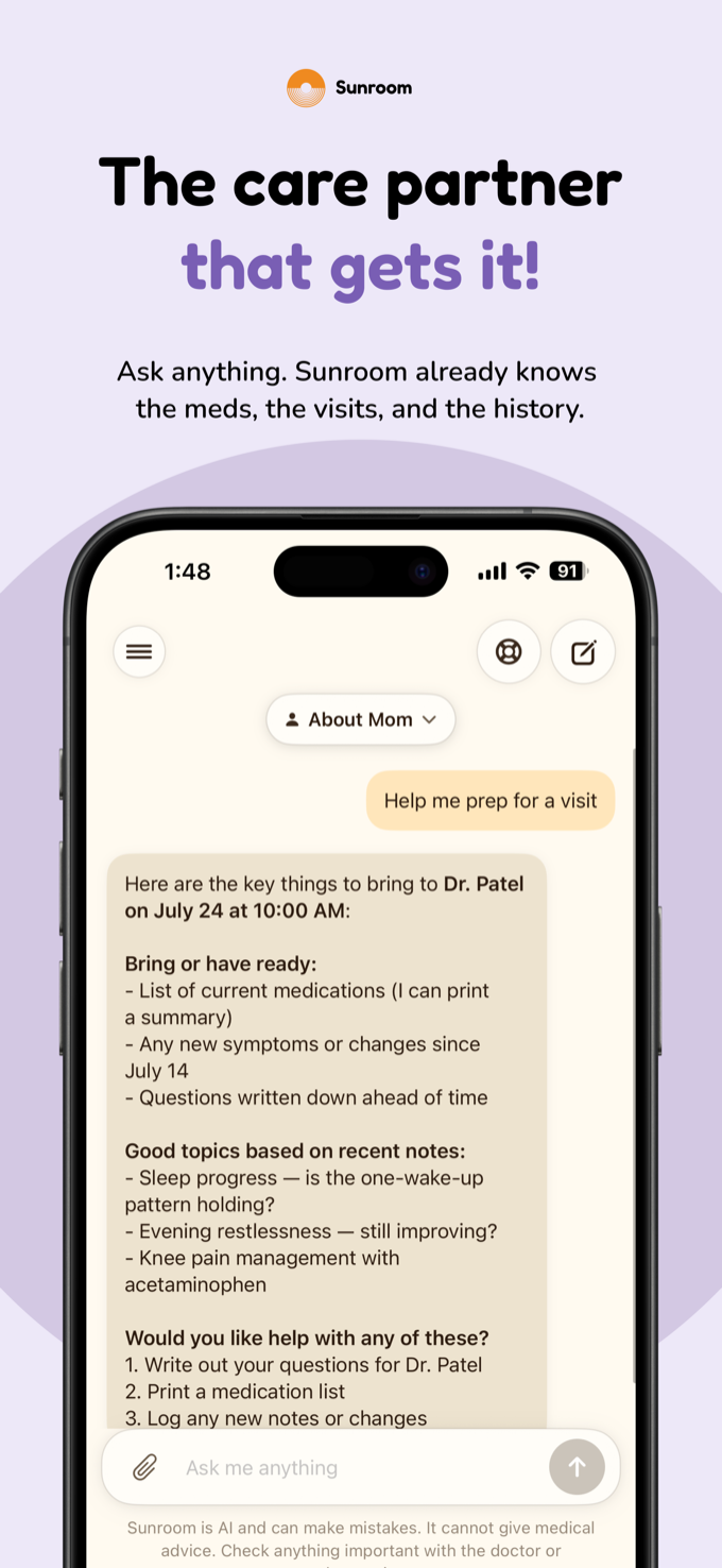 Chat with Sunroom helping prepare questions before a doctor visit